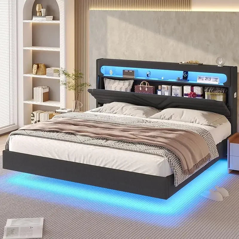 Queen Floating Frame RGB LED Lights ,USB-C/A Power Combo,Linen Upholstered Platform Bed with Storage Headboard