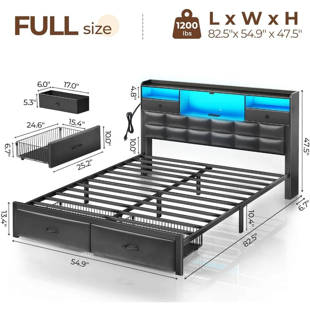 Bed Frame Full Size with Drawers and Charging Station, Upholstered Platform Bed with Storage Headboard and LED Light, Heavy Duty