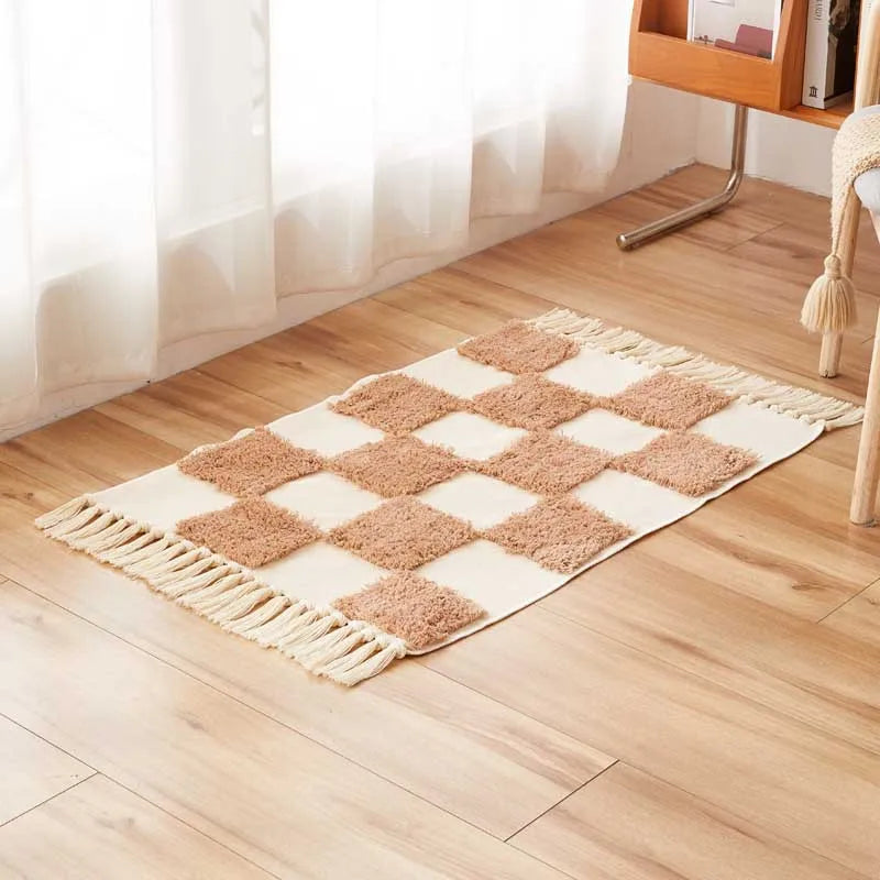 Vintage Nordic Style Cotton Linen Handmade Tassel Area Rug Checkerboard Tufted Floor Bedside Mat Living Room Bedroom Tapestry