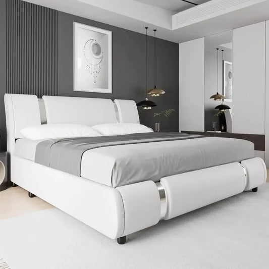 Modern Faux Leather Upholstered Platform Bed Frame with Golden Iron Metal Decor, Adjustable Curved Headboard, Queen Size, White