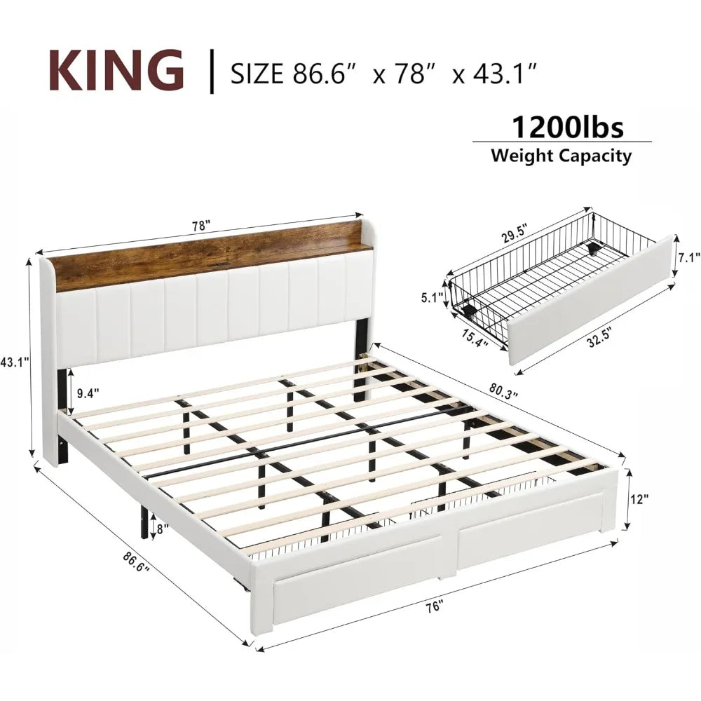 Upholstered Bed Frame Queen Size with Headboard with Storage Drawers & Charging Station,No Box Spring Needed/Heavy Duty