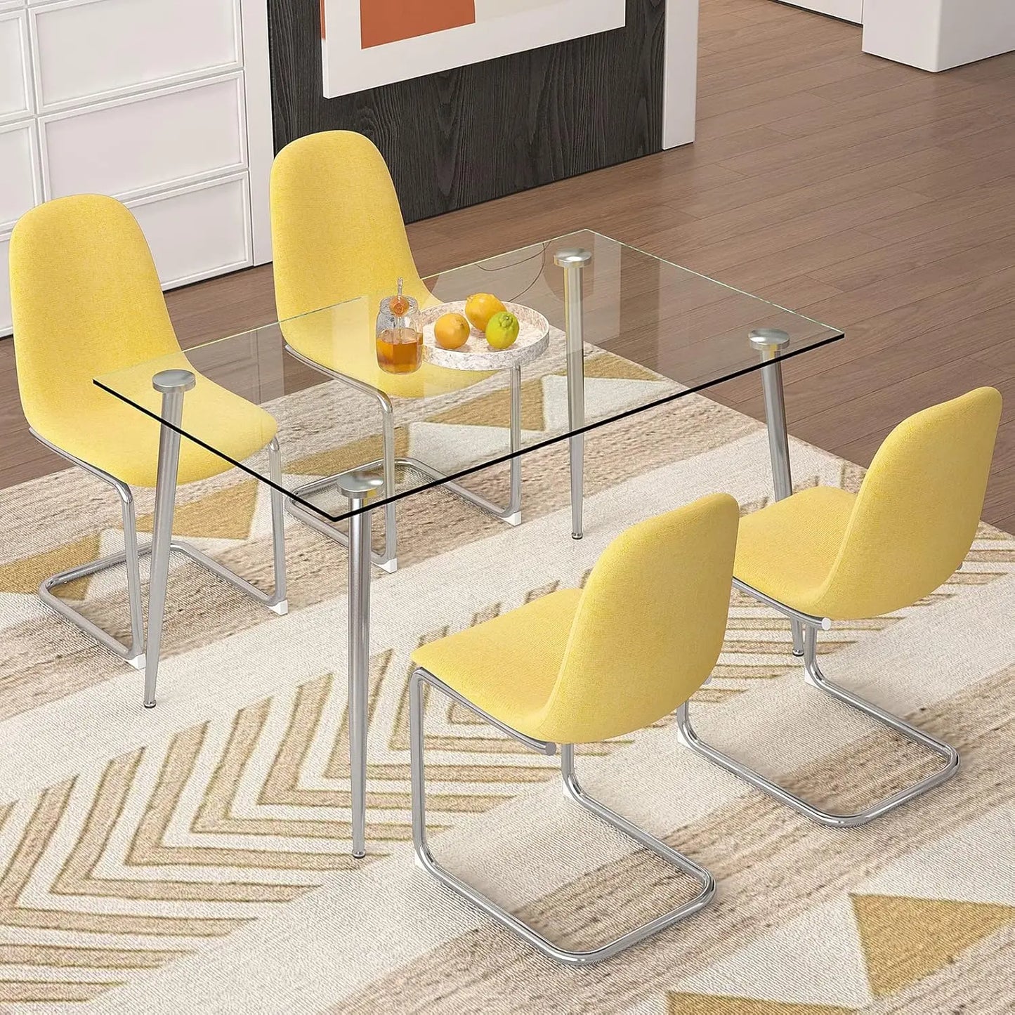 Glass Dining Table Set for 4,5 Piece Dining Table and Chairs Set,Modern Kitchen Dining Room Table with 4 Black PU Leather