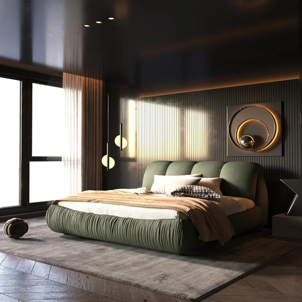 Deluxe king-size upholstered platform bed with upholstered backrest, soft-framed cloud bed, thickened pine slats, metal legs