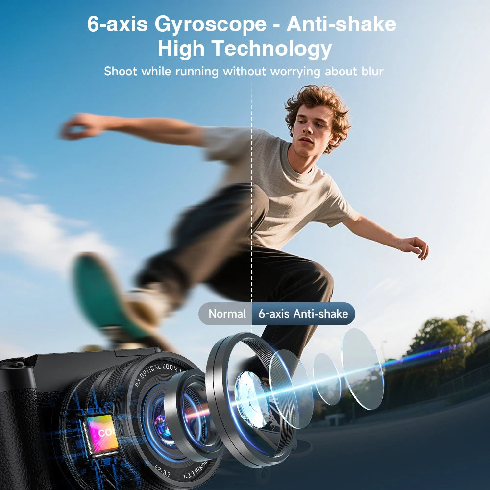 Digital Camera, 6X Optical Zoom & WiFi, 5K 30FPS 64MP Vlogging Camera, Rear & Front Cameras for Photography and Video, 64GB Card