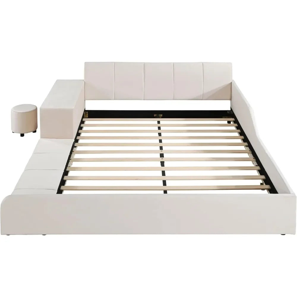 Queen Size Upholstered Grounded Bed with Bedside Desk and Stool,Upholstered Headboard,Grounded Upholstered Wood Base Bed Frame