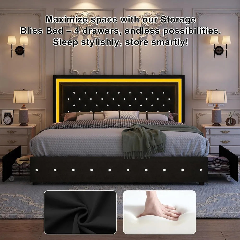 King Bed Frame with LED Lights, Storage Drawers, No Box Spring Needed, 900 lbs Capacity, Easy Assembly, bedroom furniture White