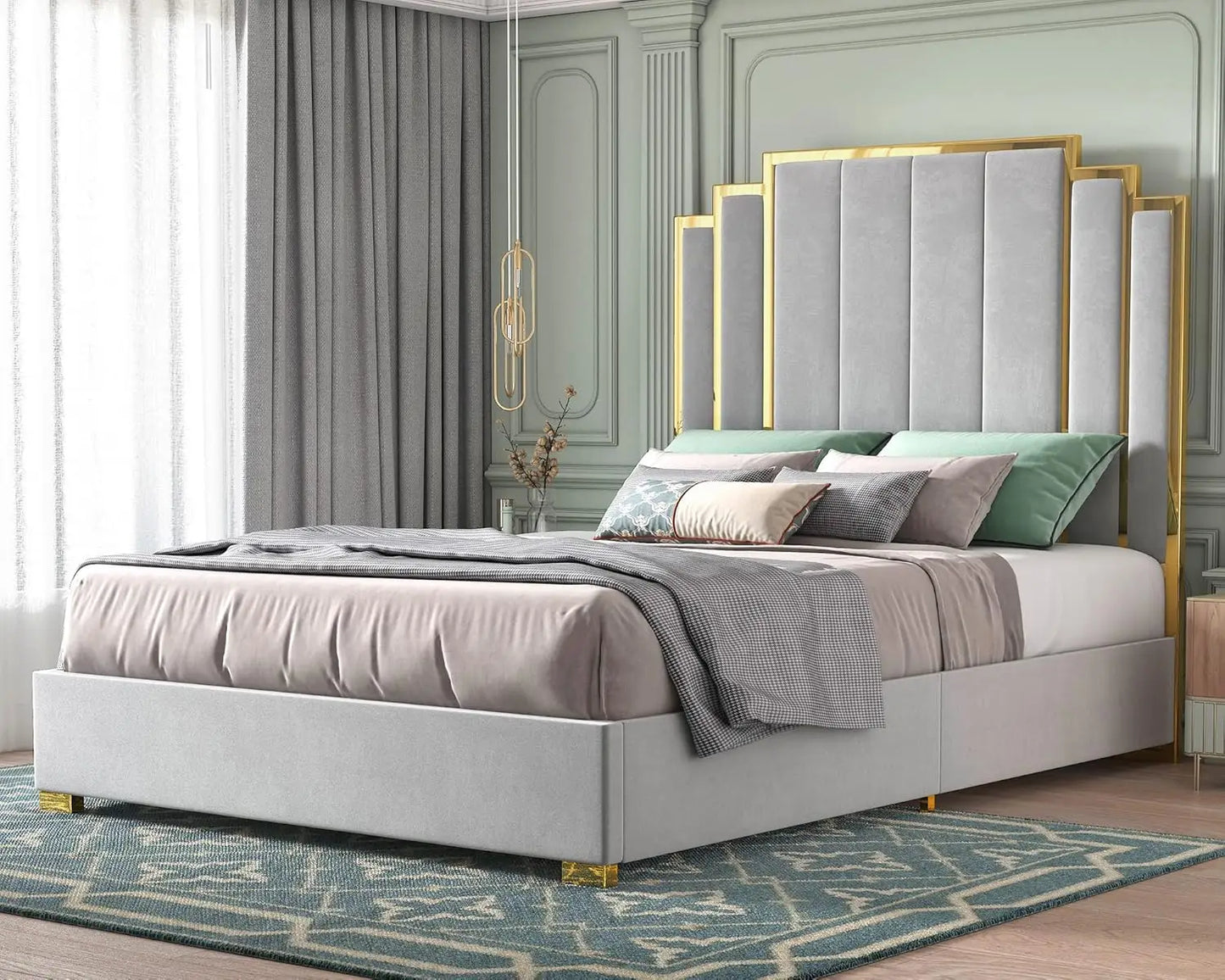 bedstead King Size and 65" Headboard, Upholstered Bed with Golden Plating Trim, Platform Bed No Box Spring Needed,bedstead
