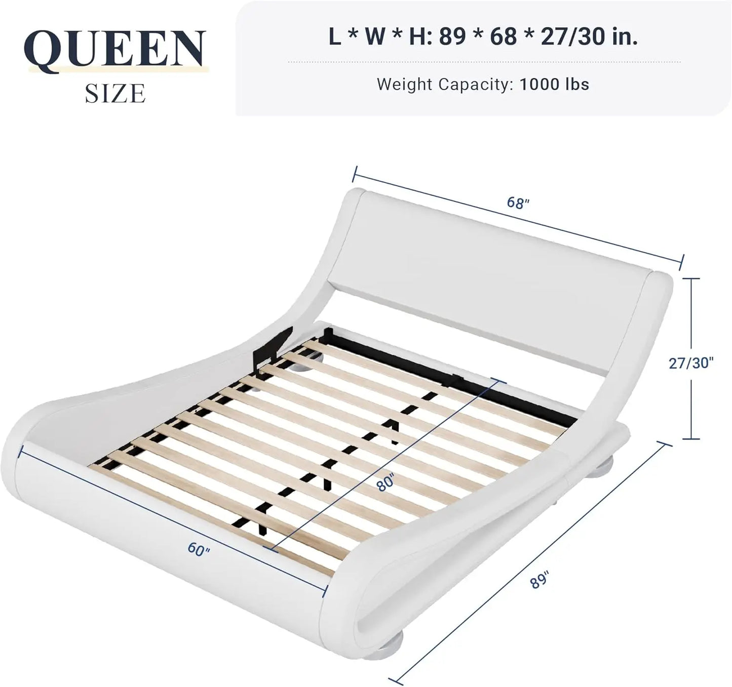 Upholstered Platform Bed Frame with Ergonomic & Adjustable Headboard, Modern Low Profile Sleigh Design
