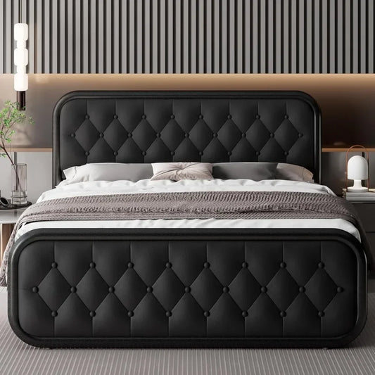 Heavy Duty Bed Frame with Faux Leather Headboard, Upholstered Platform Bed with Strong Metal Slats, 12" Under-Bed Storage