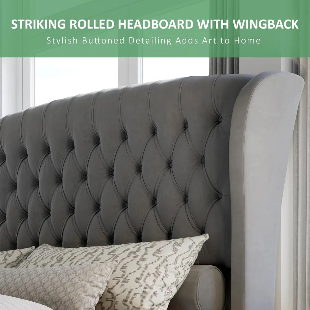 Queen Size Platform Bed Frame, Velvet Upholstered Sleigh Bed with Scroll Wingback Headboard & Footboard/Button Tufted Grey
