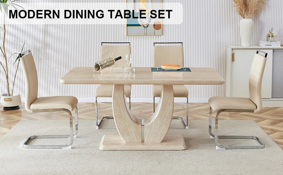Modern wooden dining table set for 6 people with imitation marble top & 6 PU leather upholstered chairs,Wood grain beige