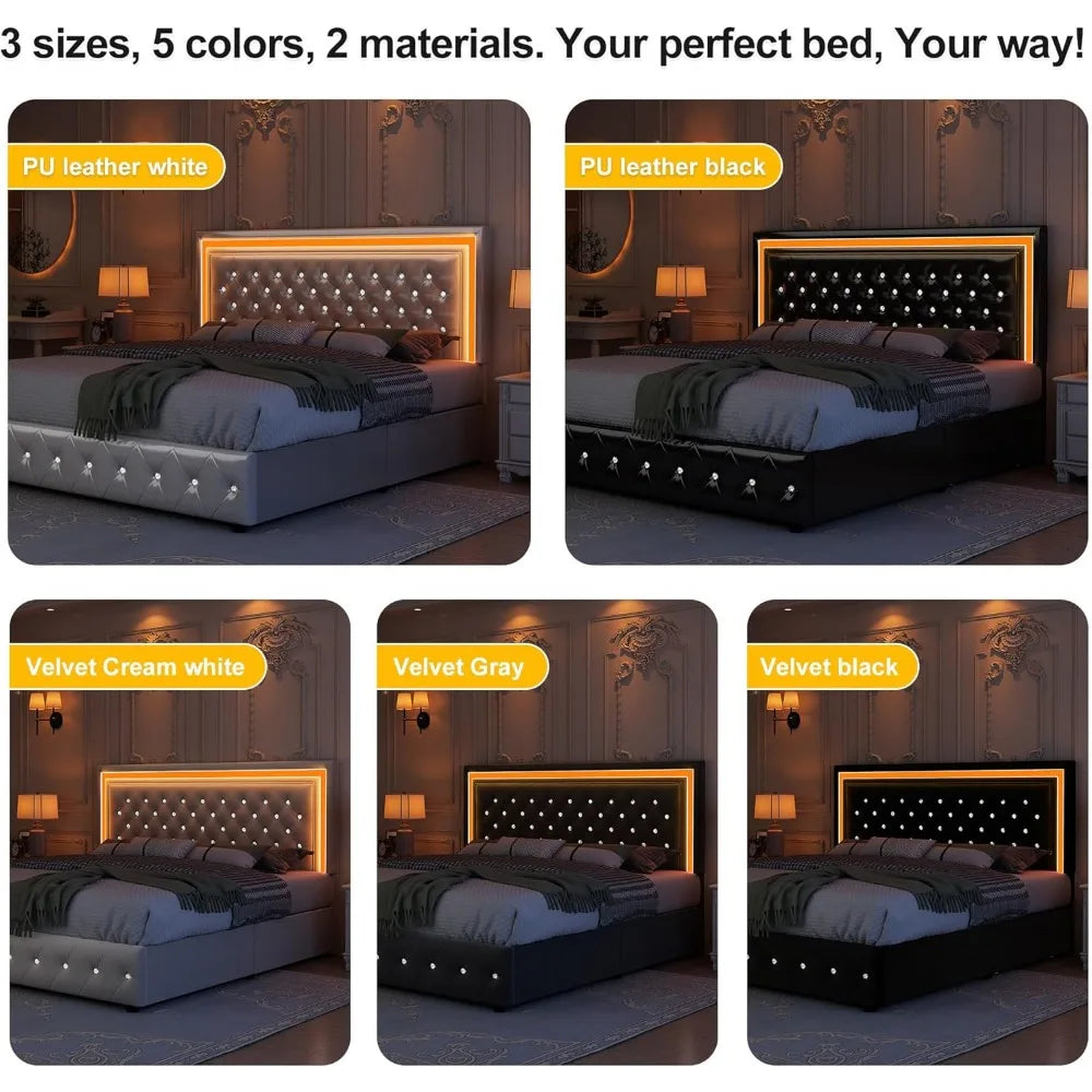 King Bed Frame with LED Lights, Storage Drawers, No Box Spring Needed, 900 lbs Capacity, Easy Assembly, bedroom furniture White