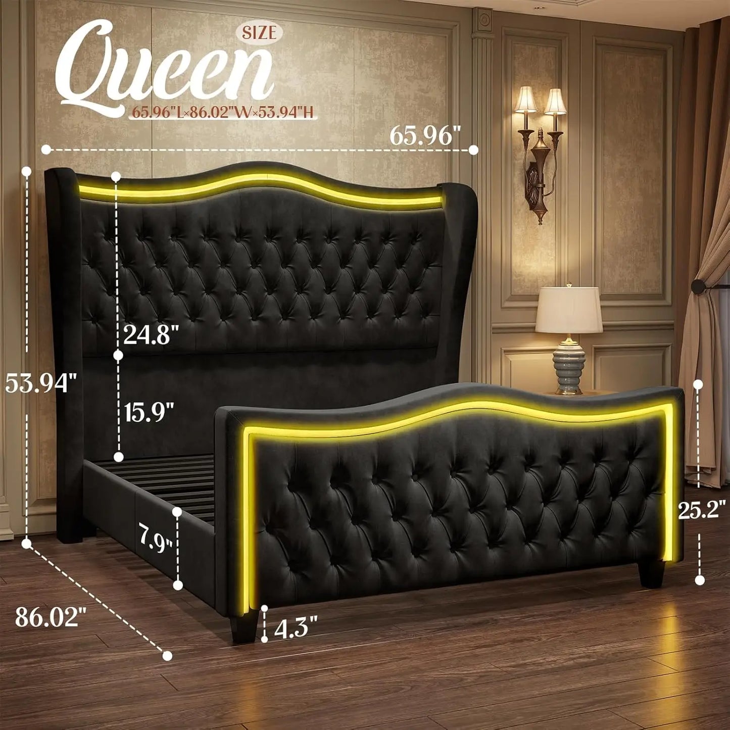 King Size Bed Frame with LED Lights, 53'' Upholstered Platform Wingback Bed with Handmade Deep Button Tufted Headboard Footboard