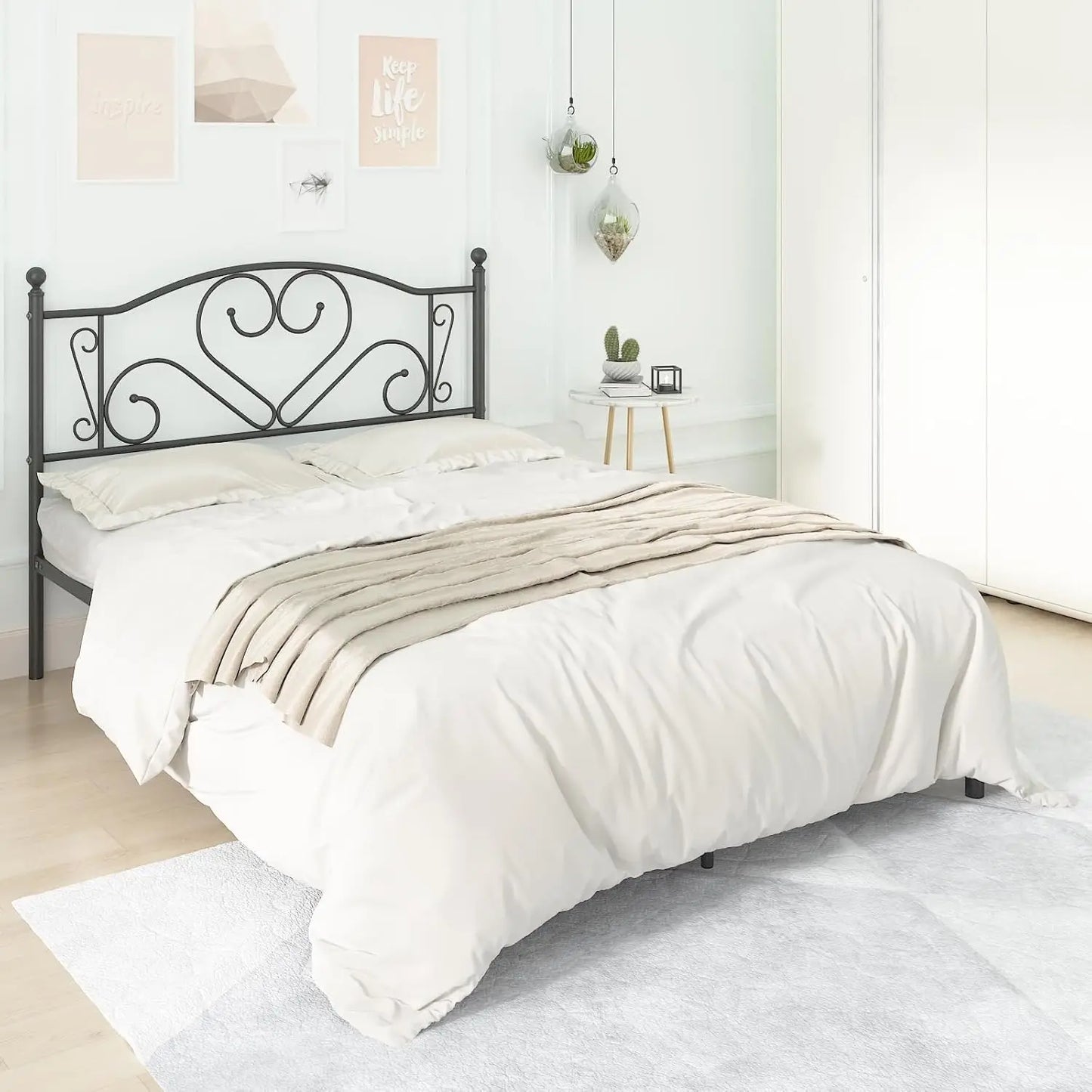 Full Size Bed Frame with Headboard, Heavy Duty Steel Slat Support Platform Under Bed Storage Space No Box Spring Needed, White