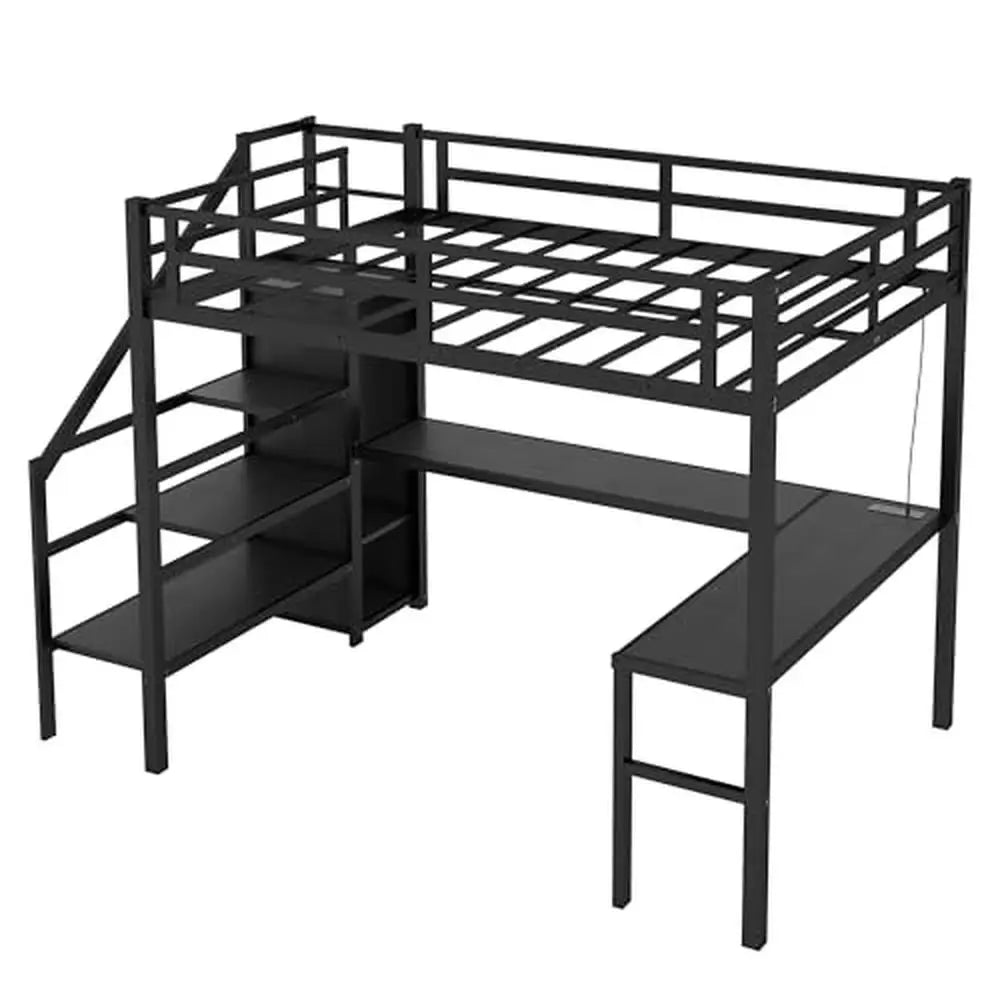 Full Size Gaming Loft Bed L-Shaped Desk Wardrobe Adjustable Shelf LED Charging Station Meta Loft Bed Kids Cozy Gaming Learning