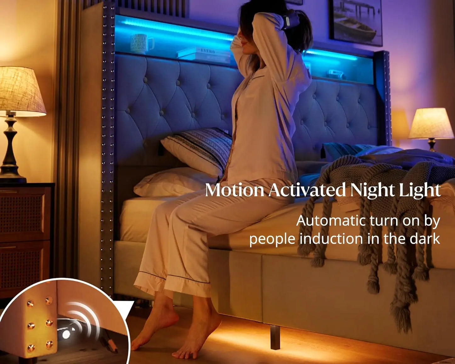 King Bed Frame with Headboard LED Lights and Charging Station, Velvet Tall Upholstered Platform Bed Storage No Box Spring Needed