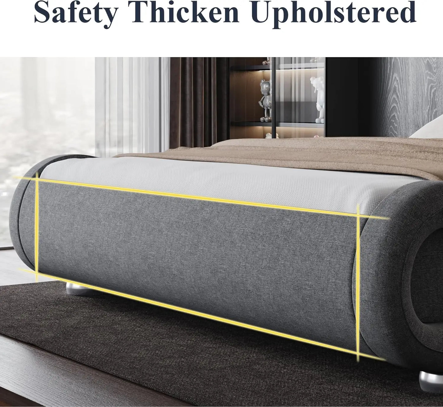Upholstered Platform Bed Frame with Ergonomic & Adjustable Headboard, Modern Low Profile Sleigh Design