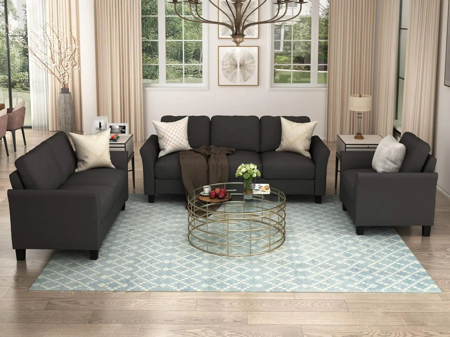 Sectional Sofa Sets, Modern Polyester Blend Sectional Couch Set with Sofa, Loveseat and Armchair, Living Room Furniture Sets
