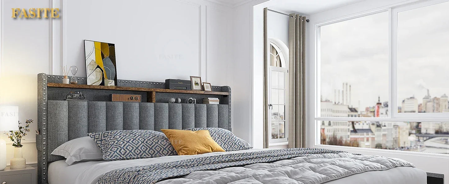 Bed Frame with 3 Storage Drawers,Queen Size Bed Frame with Headboard, Upholstered Platform Bed Frame Queen Size with Storage