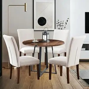 Upholstered Parsons Dining Chairs Set of 4, Fabric Dining Room Kitchen Side Chair with Nailhead Trim and Wood Legs - Beige