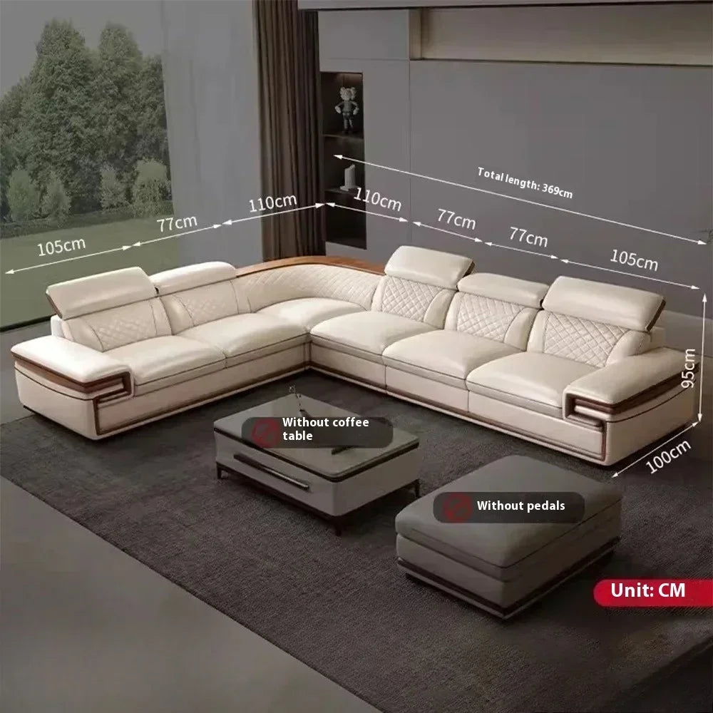 MINGDIBAO Premium Italian Genuine Leather Sofa Set for Living Room with Adjustable Headrests, Bluetooth Speaker, Wireless Charge