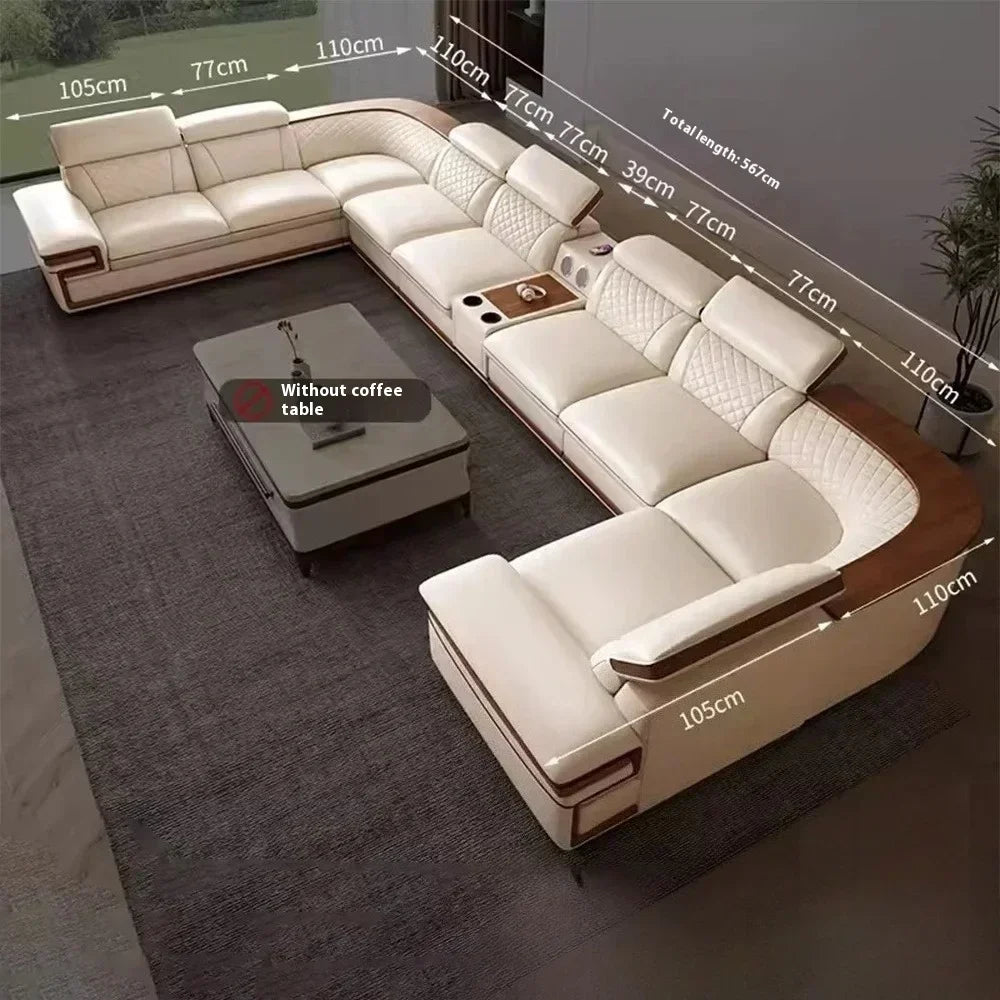 MINGDIBAO Premium Italian Genuine Leather Sofa Set for Living Room with Adjustable Headrests, Bluetooth Speaker, Wireless Charge