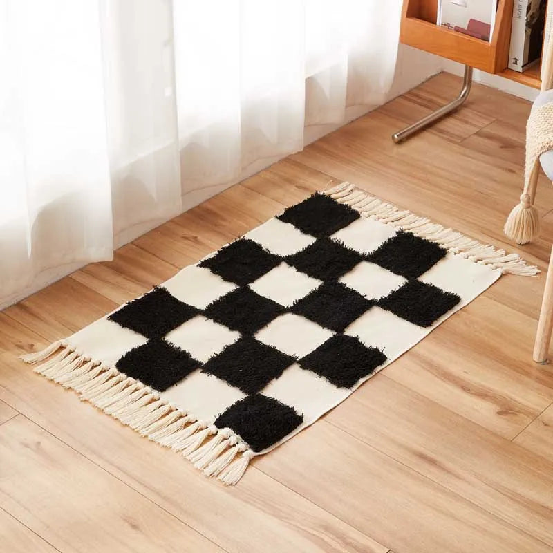 Vintage Nordic Style Cotton Linen Handmade Tassel Area Rug Checkerboard Tufted Floor Bedside Mat Living Room Bedroom Tapestry