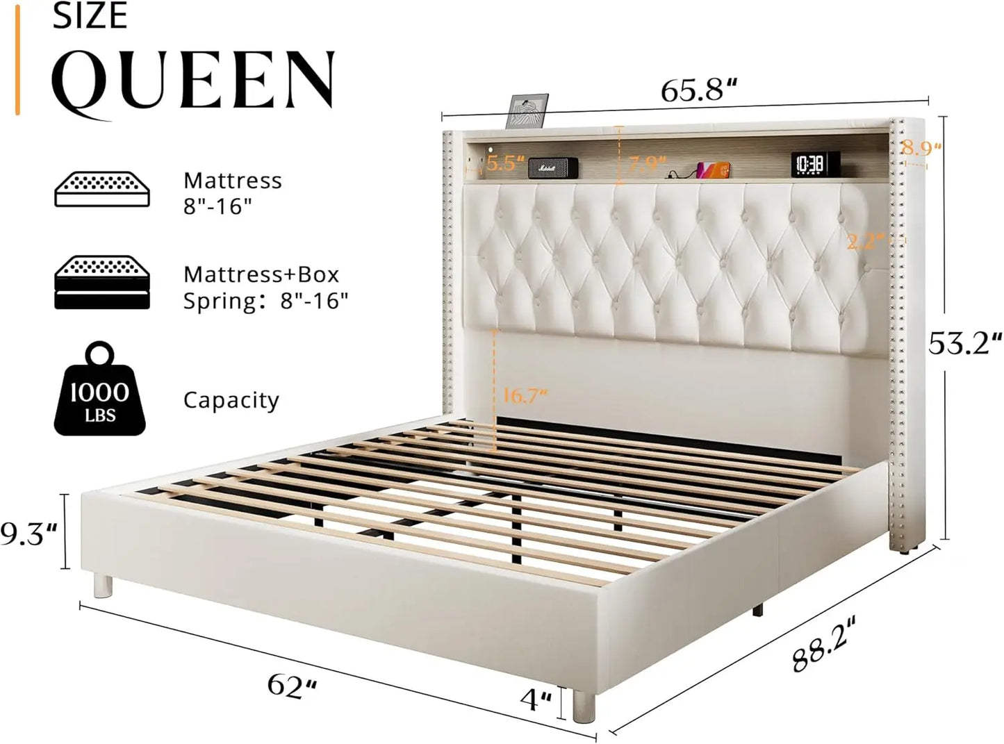 King Bed Frame with Headboard LED Lights and Charging Station, Velvet Tall Upholstered Platform Bed Storage No Box Spring Needed