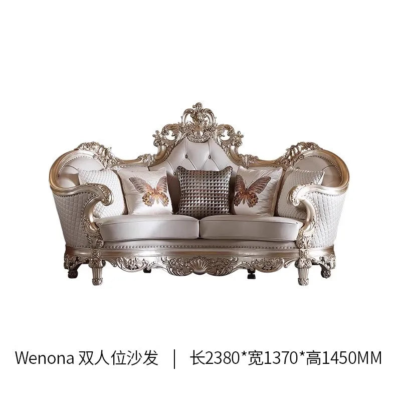Leather Living Room Sofas Luxury European Beige Wooden Curved Modern Couch Double Lounge Designer Canape Salon Furniture