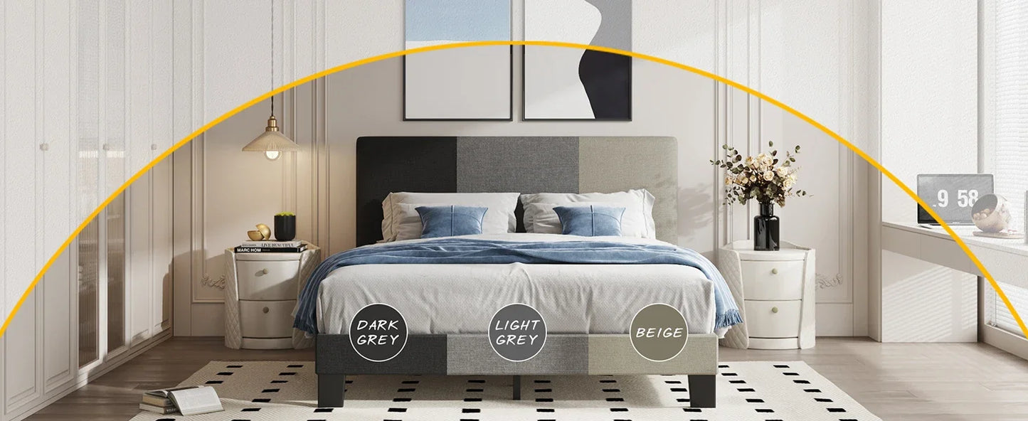 Queen Headboard,Linen Upholstered Bed Frame With Wood Slats Support,No Box Spring Needed,Heavy Duty Feet,Easy Ass
