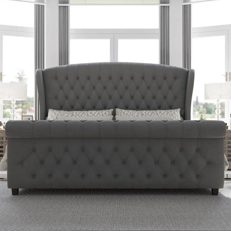AMERLIFE King Size Platform Bed Frame, Chenille Upholstered Sleigh Bed with Scroll Wingback Headboard & Footboard/Button Tufted