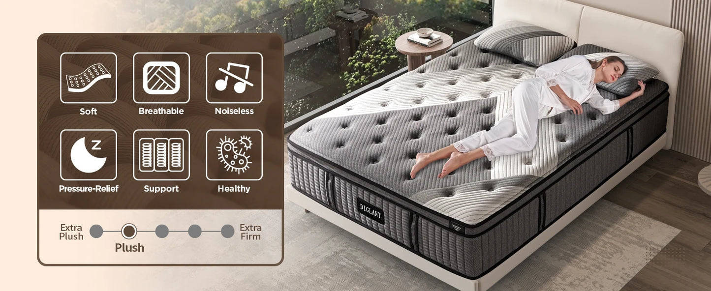 DIGLANT 14 Inch King Supportive Pressure Relief Soft Fabric Plush Hybrid Mattress Memory Foam with Pocket Springs Mattress