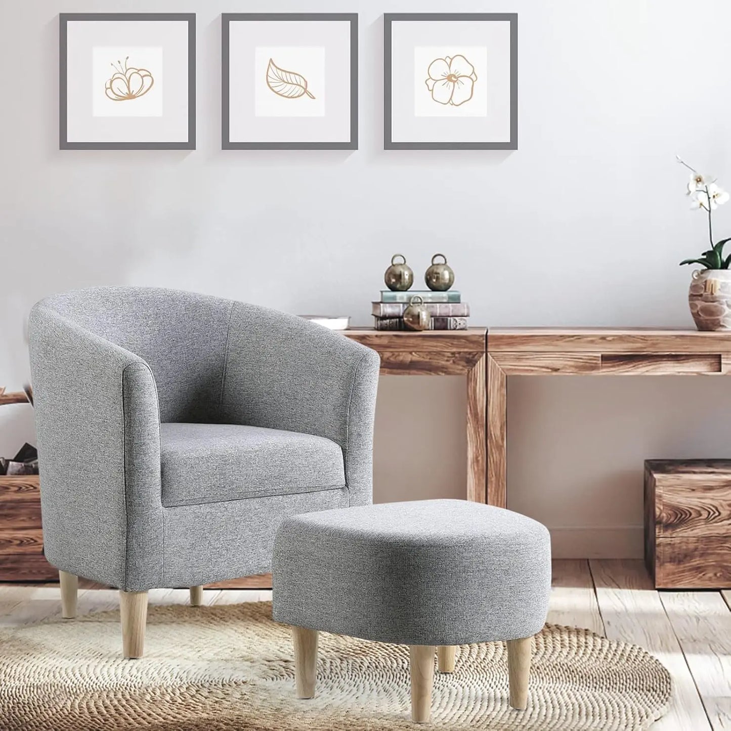 Accent Chair, Sherpa Chair White Fluffy Chair Teddy Barrel Chair with Ottoman Comfy ArmChair Footrest Set