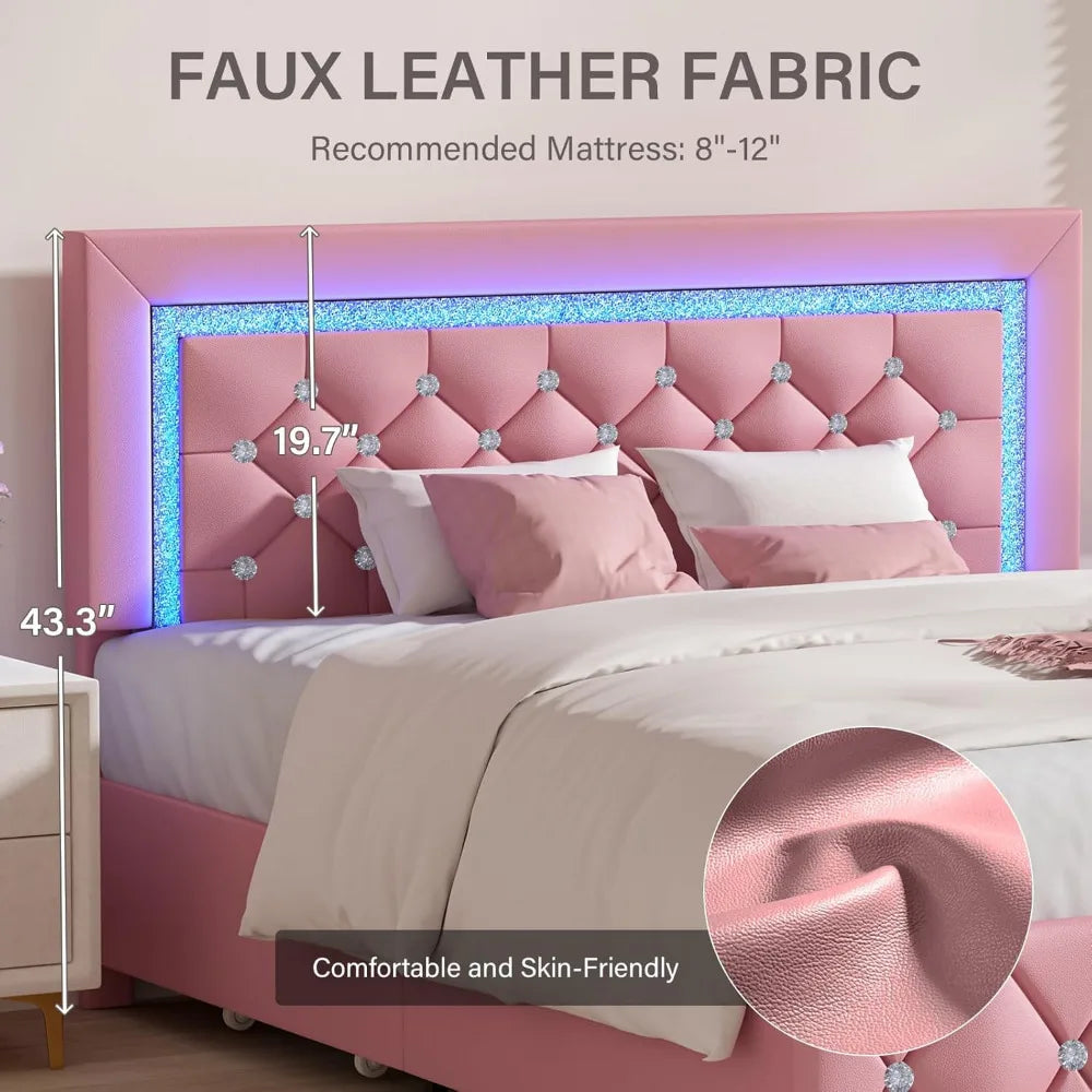 Queen Size Bed Frame with LED Lights, Upholstered Bed Frame with 4 Storage Drawers, with Diamond Headboard and Footboard