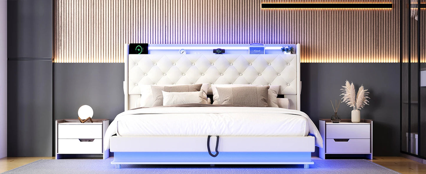 Bed Frame with Charging Station & Led Lights, Upholstered Platform Bed with Button Tufted Wingback Storage Headboard