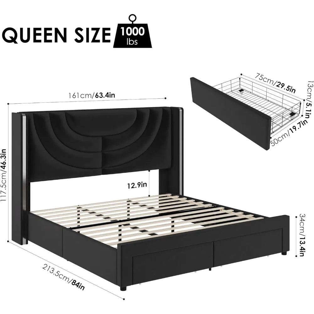 Queen Upholstered LED Bed Frame with 2 Storage Drawers, Velvet Platform Bed with Wingback Headboard, Solid Wooden Slats Support