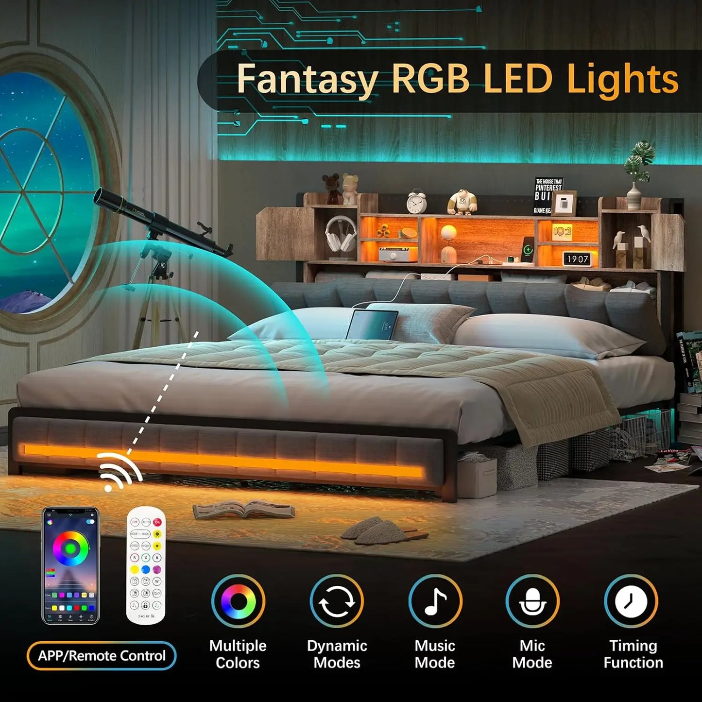 Queen Bed Frame with 3-Tier Headboard & 2 Hidden Storage, LED Lights Upholstered Bed Frame Queen Size with Charging Station