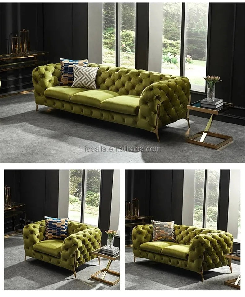 Home Furniture Chesterfield Design Royal Luxury Gold Foot Living Room Genuine Leather Velvet Sofa Set
