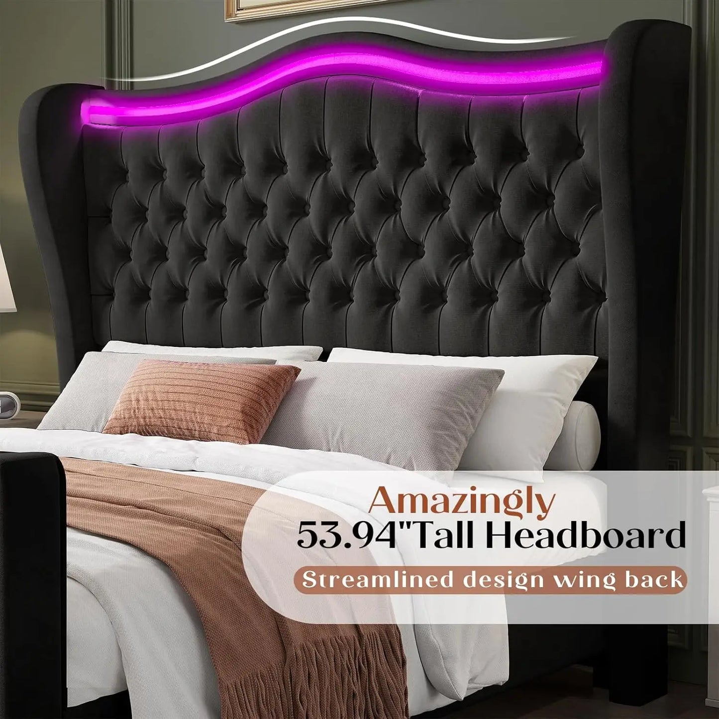 King Size Bed Frame with LED Lights, 53'' Upholstered Platform Wingback Bed with Handmade Deep Button Tufted Headboard Footboard