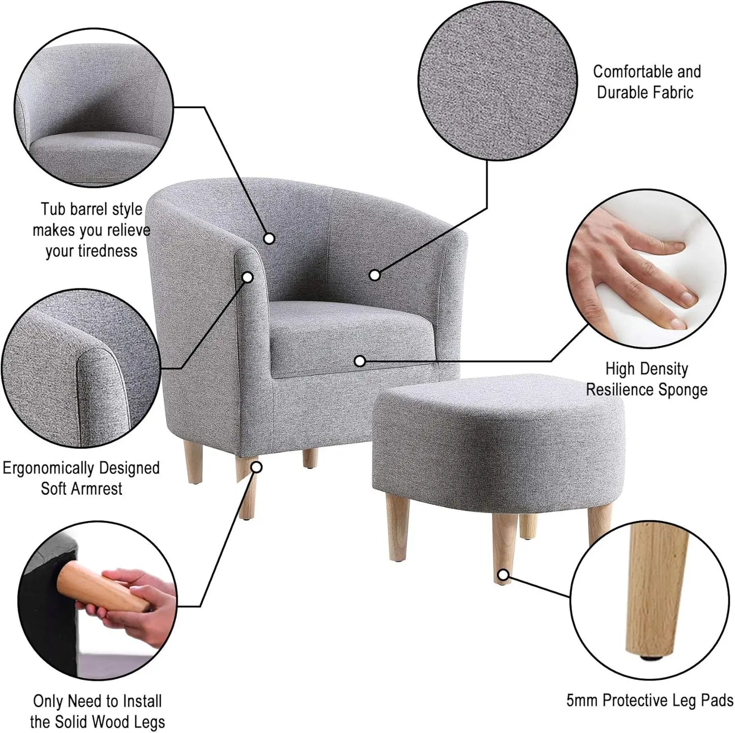 Accent Chair, Sherpa Chair White Fluffy Chair Teddy Barrel Chair with Ottoman Comfy ArmChair Footrest Set