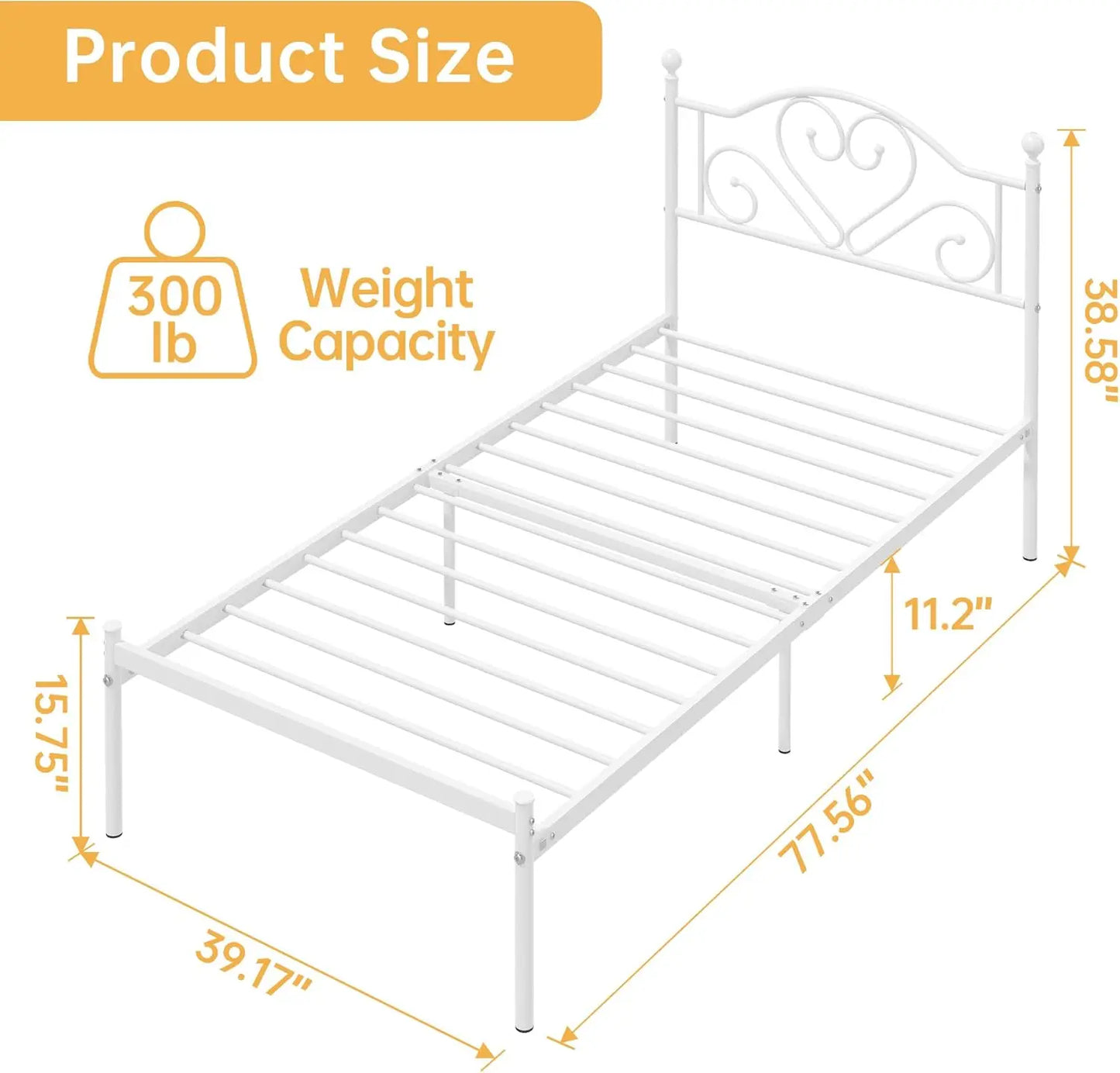 Full Size Bed Frame with Headboard, Heavy Duty Steel Slat Support Platform Under Bed Storage Space No Box Spring Needed, White