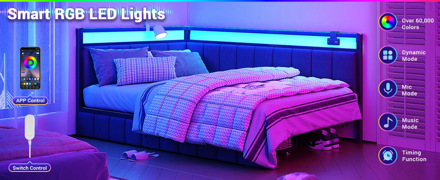 Modern Corner Bed Frame with LED Lights and Charging Station, Double Bed with Storage Space
