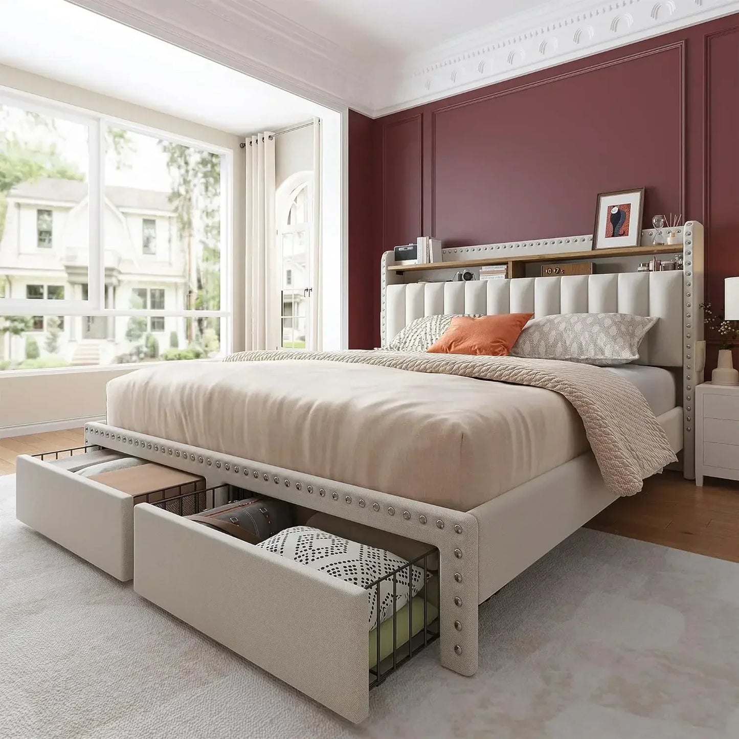 Queen Bed Frame with Headboard and Storage, Upholstered Queen Bed Frame with Storage, Queen Size Bed Frame with 2 Drawer