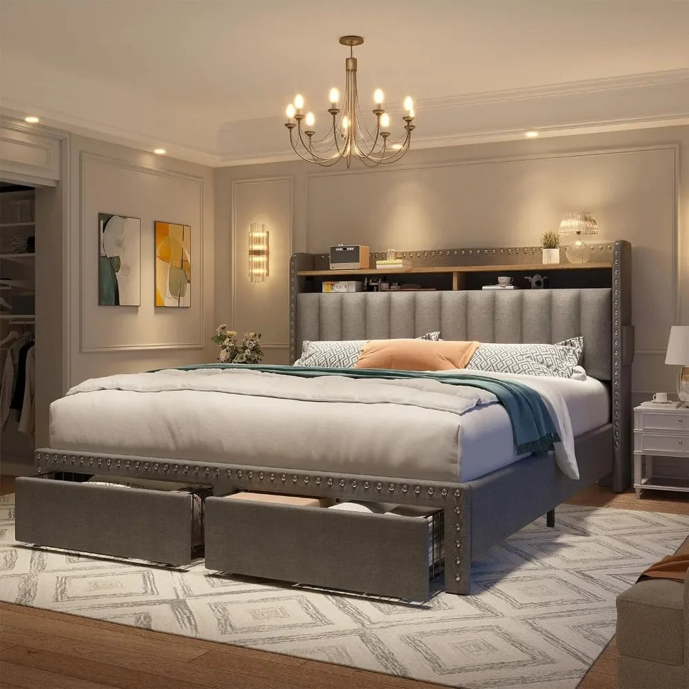 Queen Bed Frame with Headboard and Storage, Upholstered Queen Bed Frame with Storage, Queen Size Bed Frame with 2 Drawer