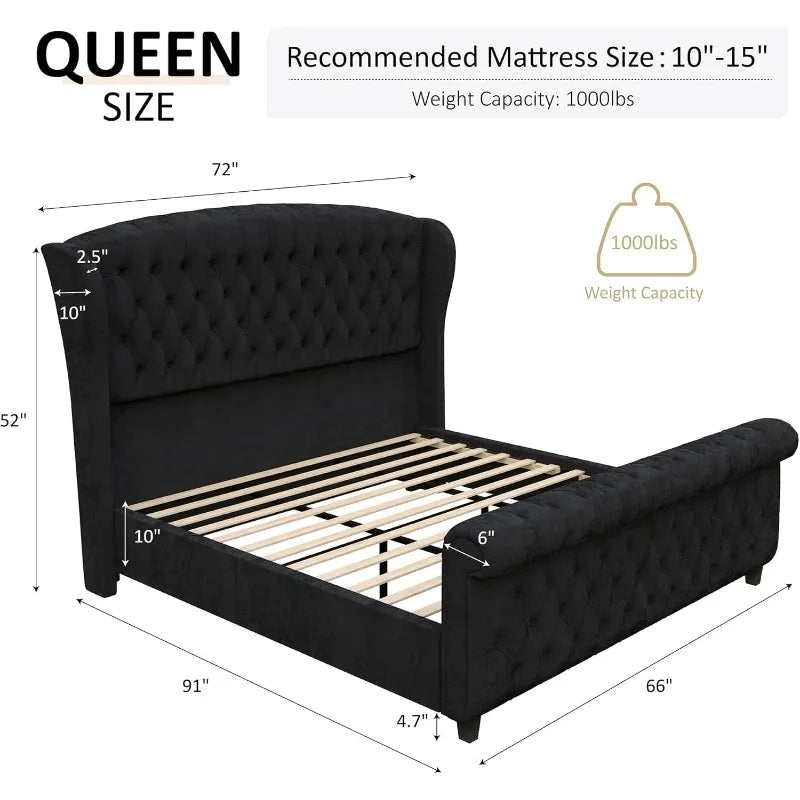 AMERLIFE King Size Platform Bed Frame, Chenille Upholstered Sleigh Bed with Scroll Wingback Headboard & Footboard/Button Tufted