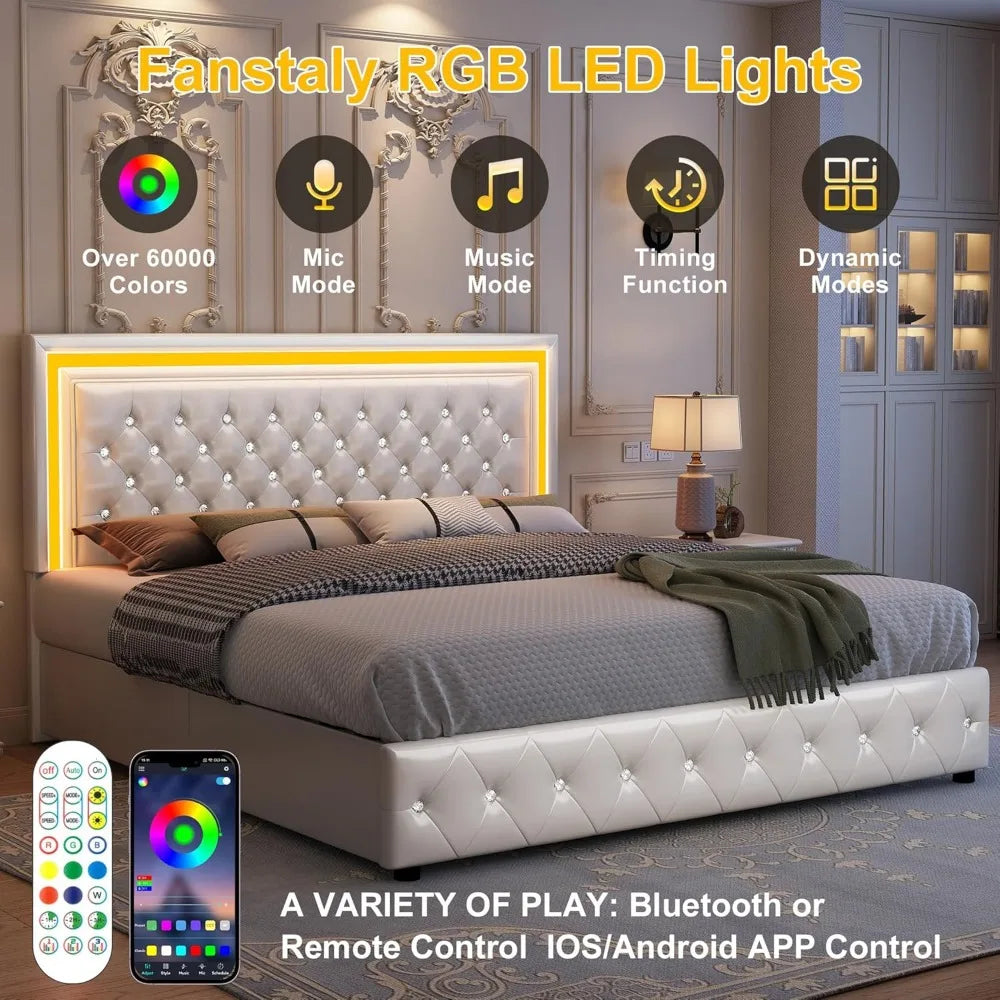 King Bed Frame with LED Lights, Storage Drawers, No Box Spring Needed, 900 lbs Capacity, Easy Assembly, bedroom furniture White