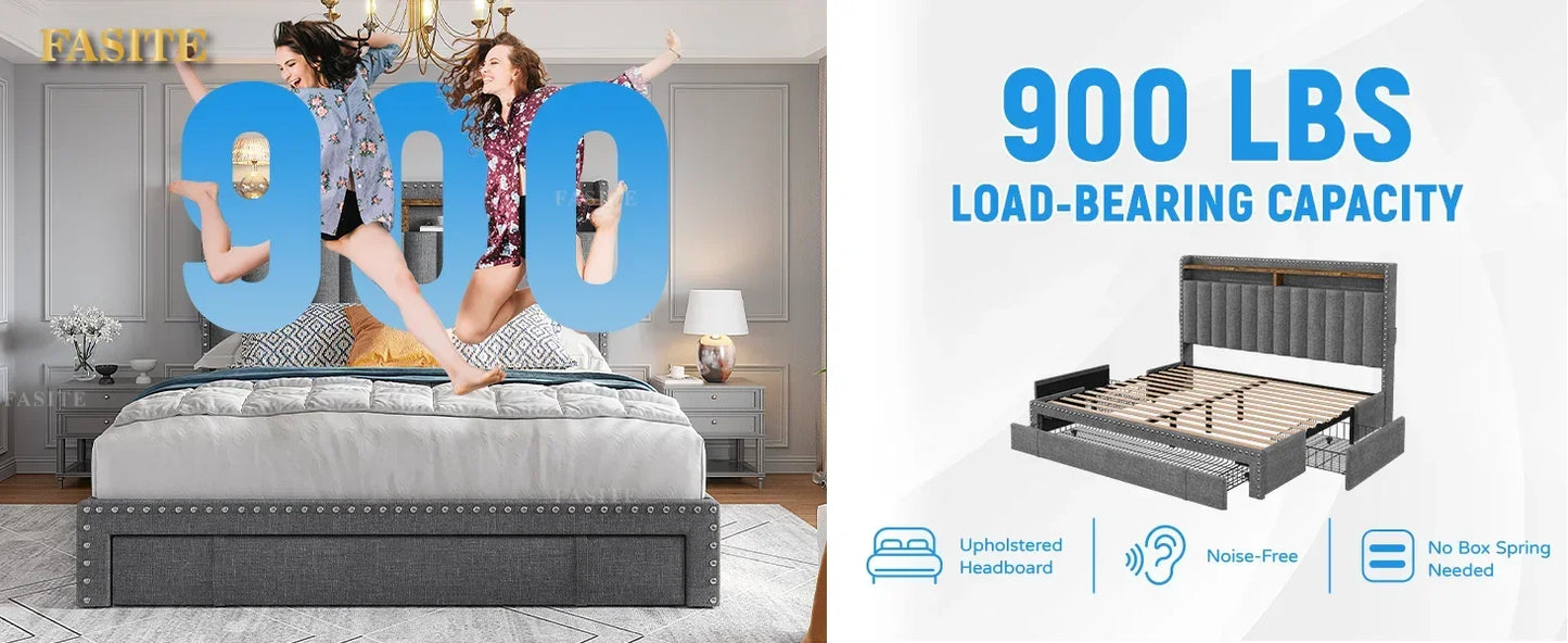 Bed Frame with 3 Storage Drawers,Queen Size Bed Frame with Headboard, Upholstered Platform Bed Frame Queen Size with Storage