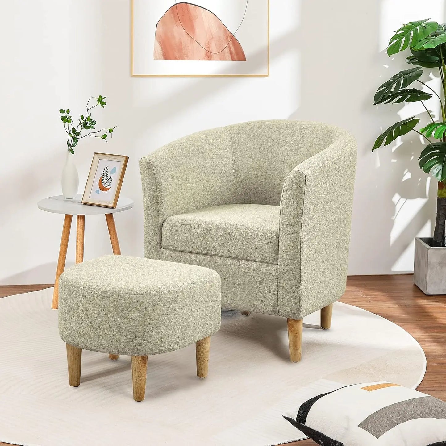 Accent Chair, Sherpa Chair White Fluffy Chair Teddy Barrel Chair with Ottoman Comfy ArmChair Footrest Set