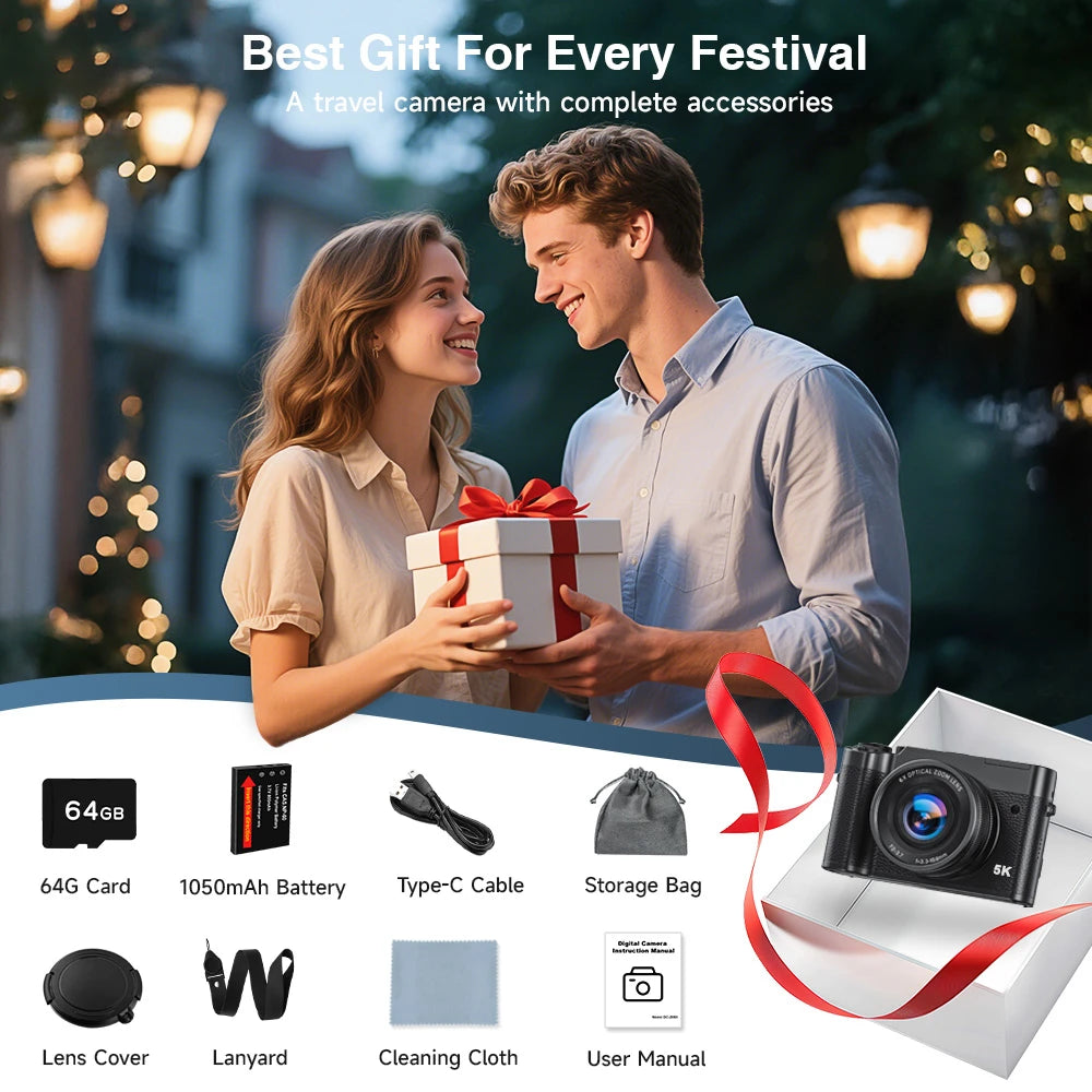 Digital Camera, 6X Optical Zoom & WiFi, 5K 30FPS 64MP Vlogging Camera, Rear & Front Cameras for Photography and Video, 64GB Card
