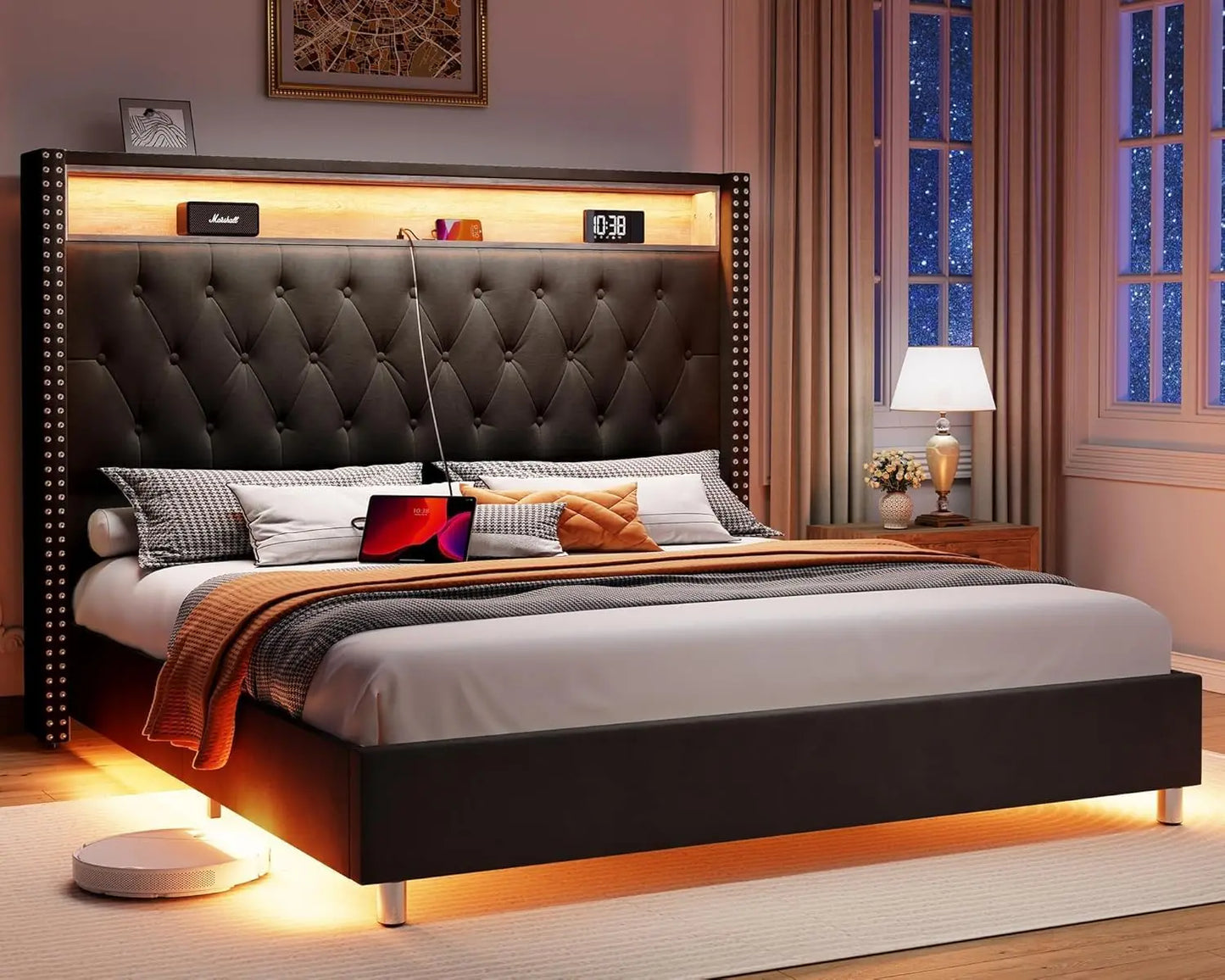 King Bed Frame with Headboard LED Lights and Charging Station, Velvet Tall Upholstered Platform Bed Storage No Box Spring Needed